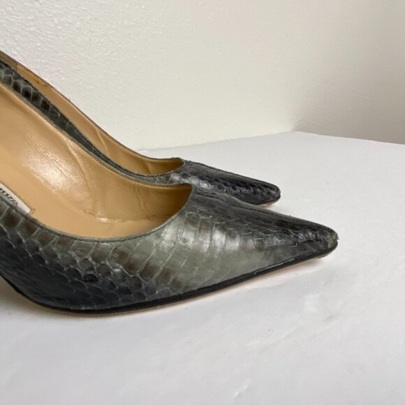 Manolo Blahnik Python Snake Print Heels Pumps Gray Black Sz EU 37.5 - Picture 3 of 9